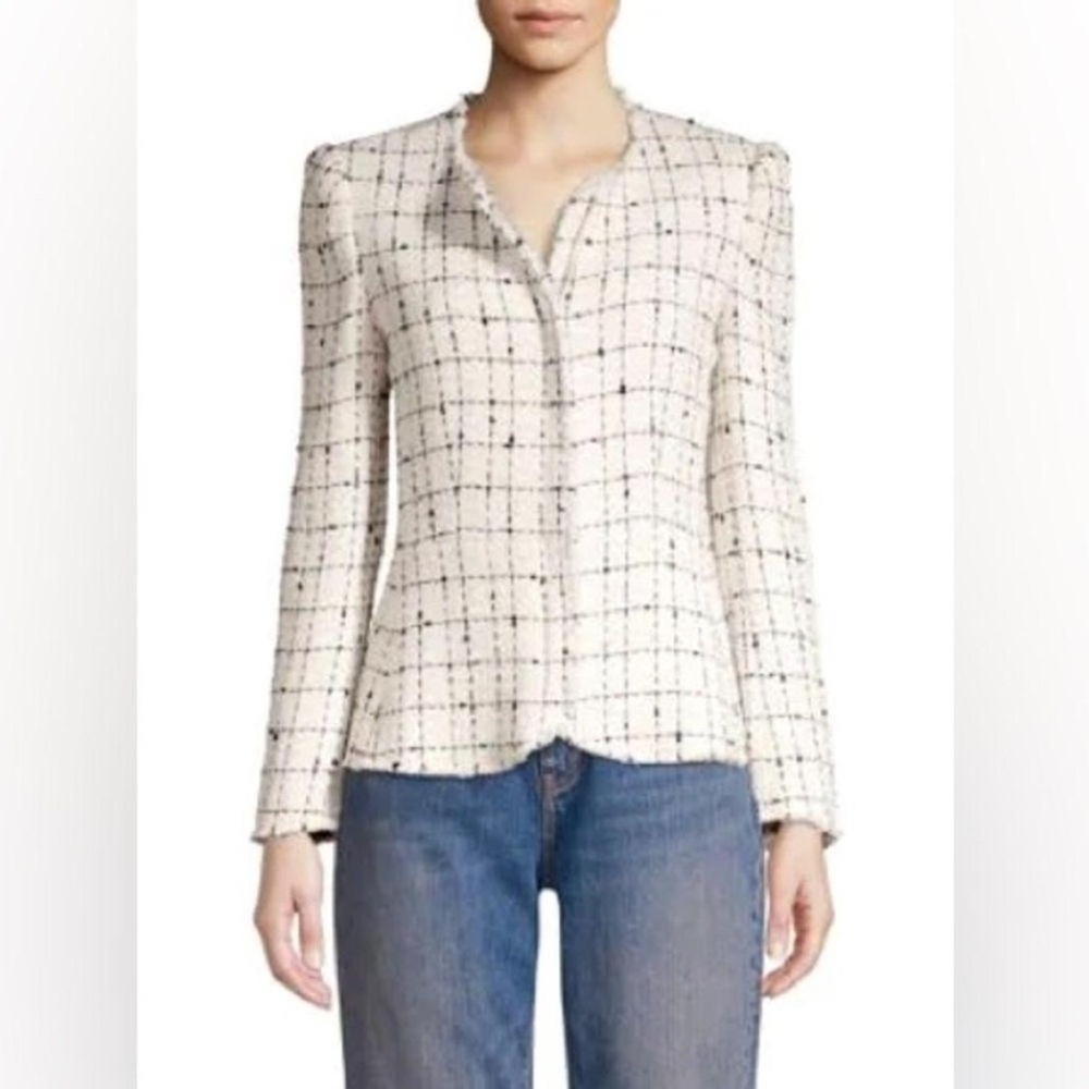 Rebecca Taylor 4 S Plaid Tweed Zip Jacket Boucle Blazer Coat $495